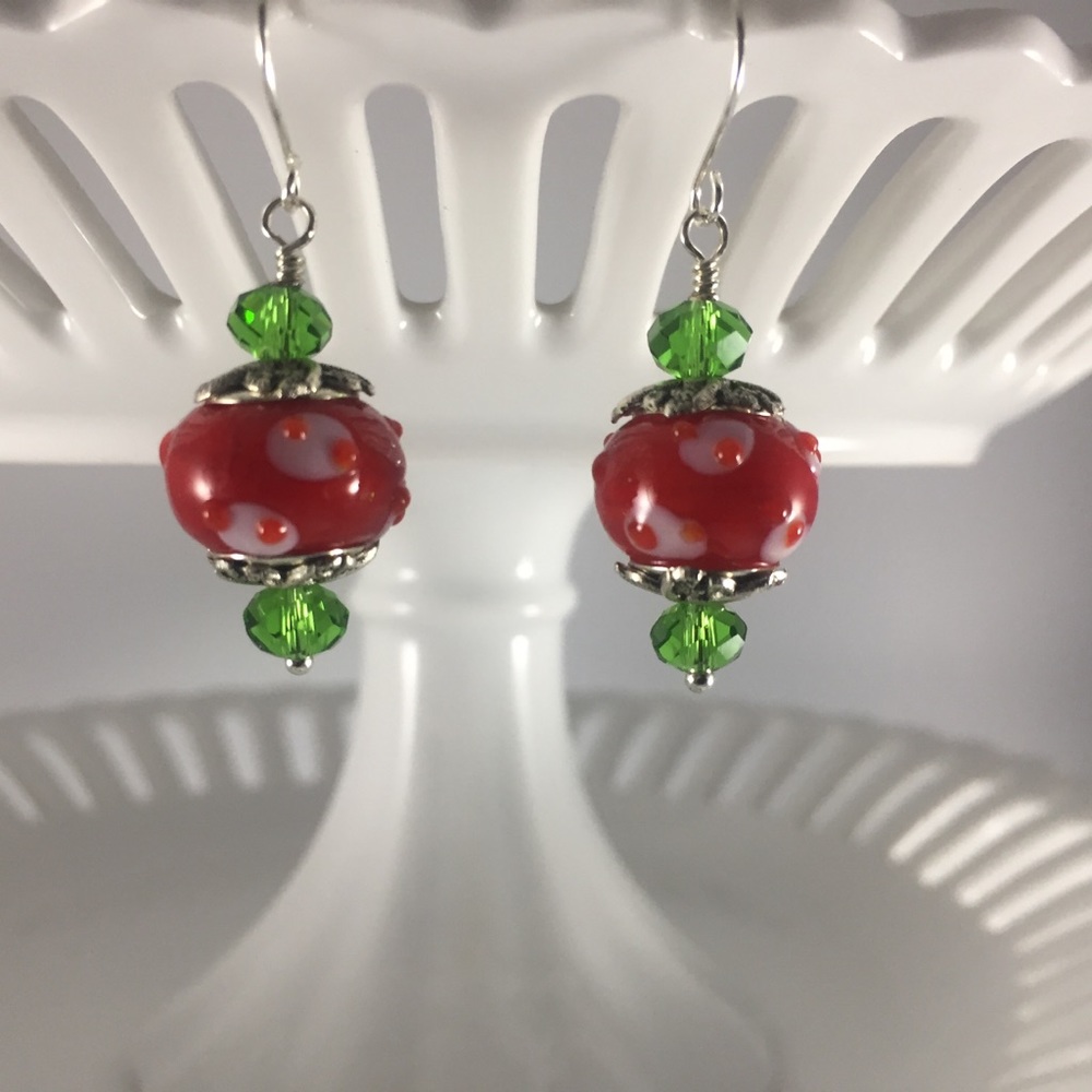 Handmade Earrings Unique Red White Green .925SS Ear Wires Lampwork